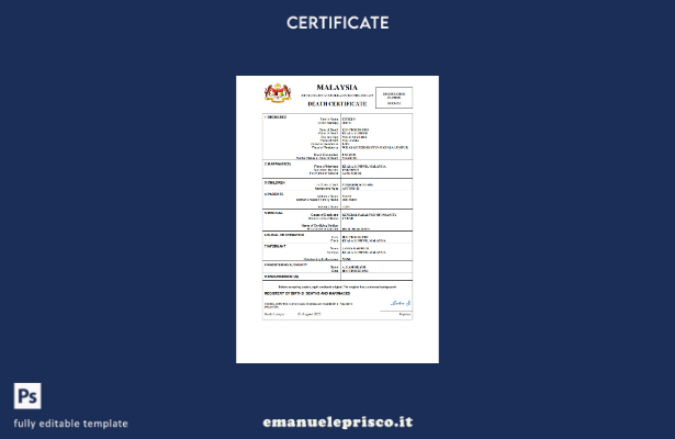 modello di certificato di morte della Malesia in stile verificato nel modello in